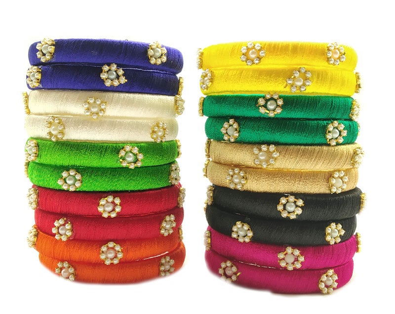 GOELX Silk Thread Bangles Set Multicolor Pearl Embellished 20 kada Bangles Set (Multicolor, 2.4) - Image 1